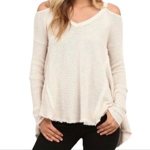 Free People Moonshine Cold Shoulder Waffle Knit Boho High Low Fringe Sweater